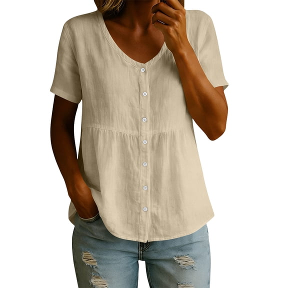 Cotton Linen Tops for Women,Linen Tops for Women Short Sleeve Button Down Blouses Loose Fit V Neck Tops Casual Lightweight T-Shirt Summer