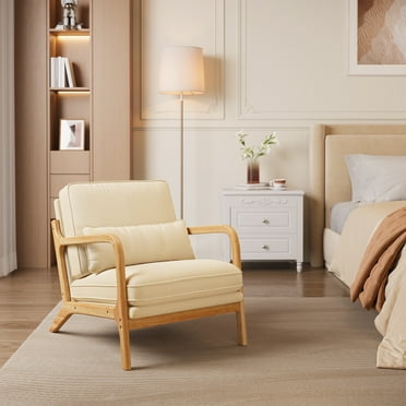 Asofer Mid-Century Modern Chair, Accent Chair with Lumbar Pillow,Upholstered Armchair，Lounge Side Chair for Living Room Bedroom Apartment, Beige