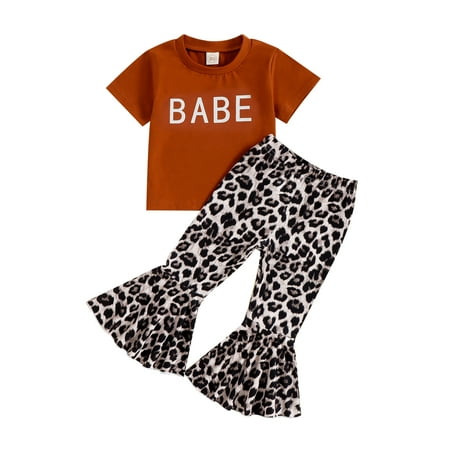 

for Winter New Born Toddler Kids Baby Girls Short Sleeve Letter T Shirt Tops Leopard Print Flare Pants Bell Bottoms 2PCS Outfits Clothes Set