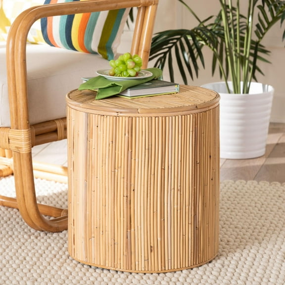 bali & pari Indoor Bohemian Laminated Rattan Circle End Table, Light honey