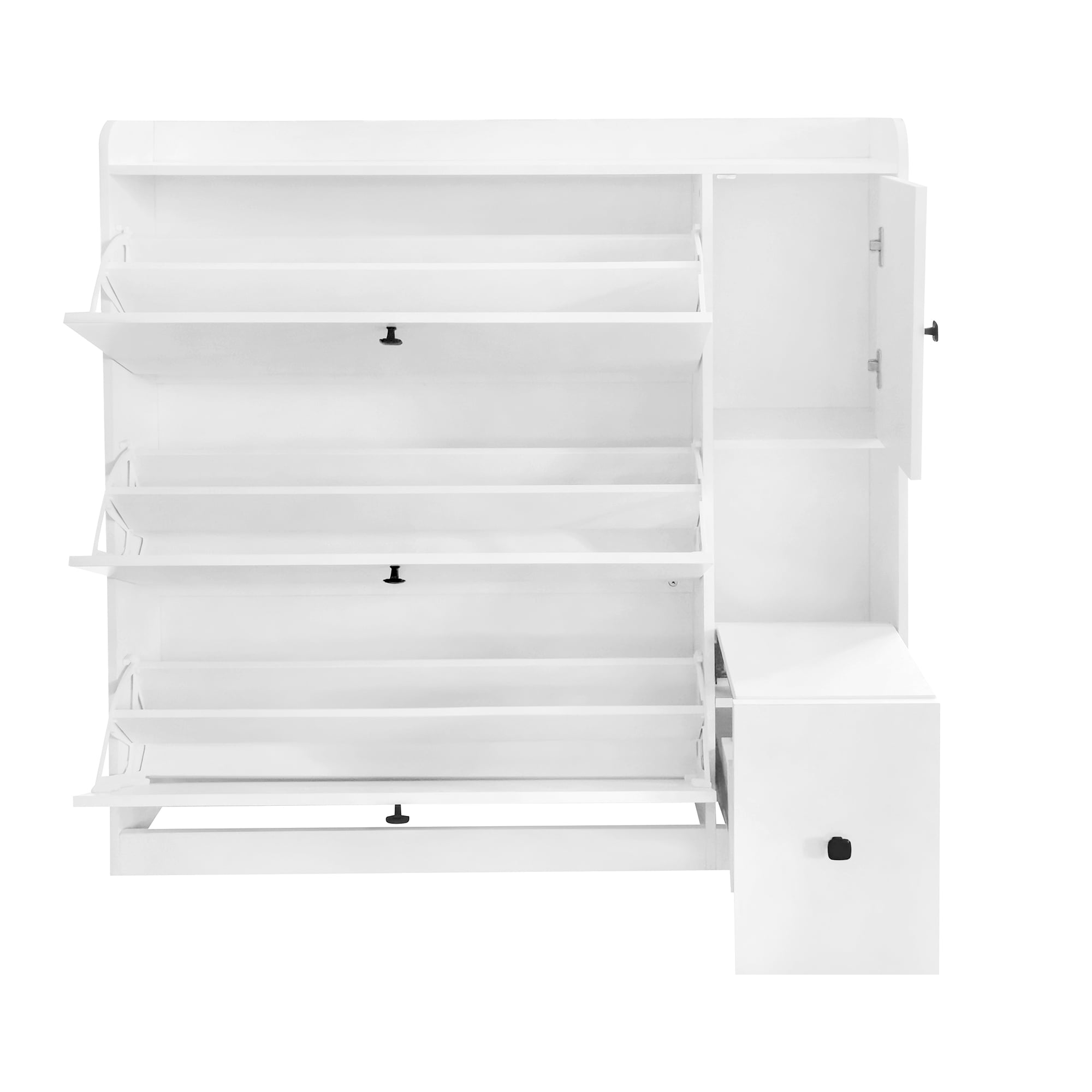MAYEERTY Versatile Tipping Bucket Shoe Cabinet with 3 Flip Drawers, Maximum Storage Entryway Organizer with Drawer, Free Standing Shoe Rack with Pull-down Seat for Hallway, White