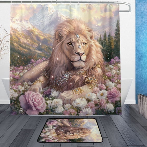 BZSMCE Shower Curtain and Bath Accessory Set,Lion Amidst Blossoms Pattern