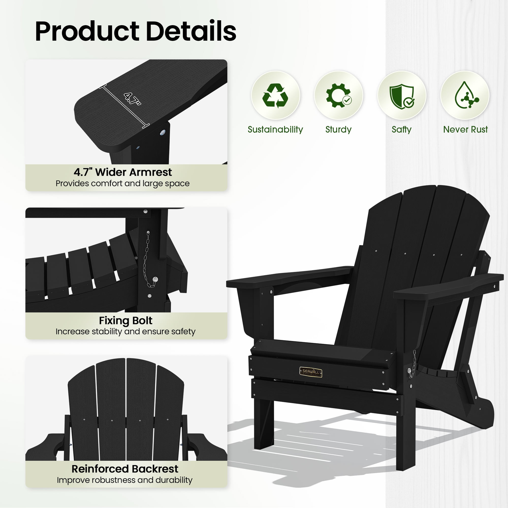 SERWALL Foldable Adirondack Chair Set of 4, Oversized All-Weather Outdoor Patio Chairs, HIPS Plastic Adirondack Chair for Garden Fire Pit - Black