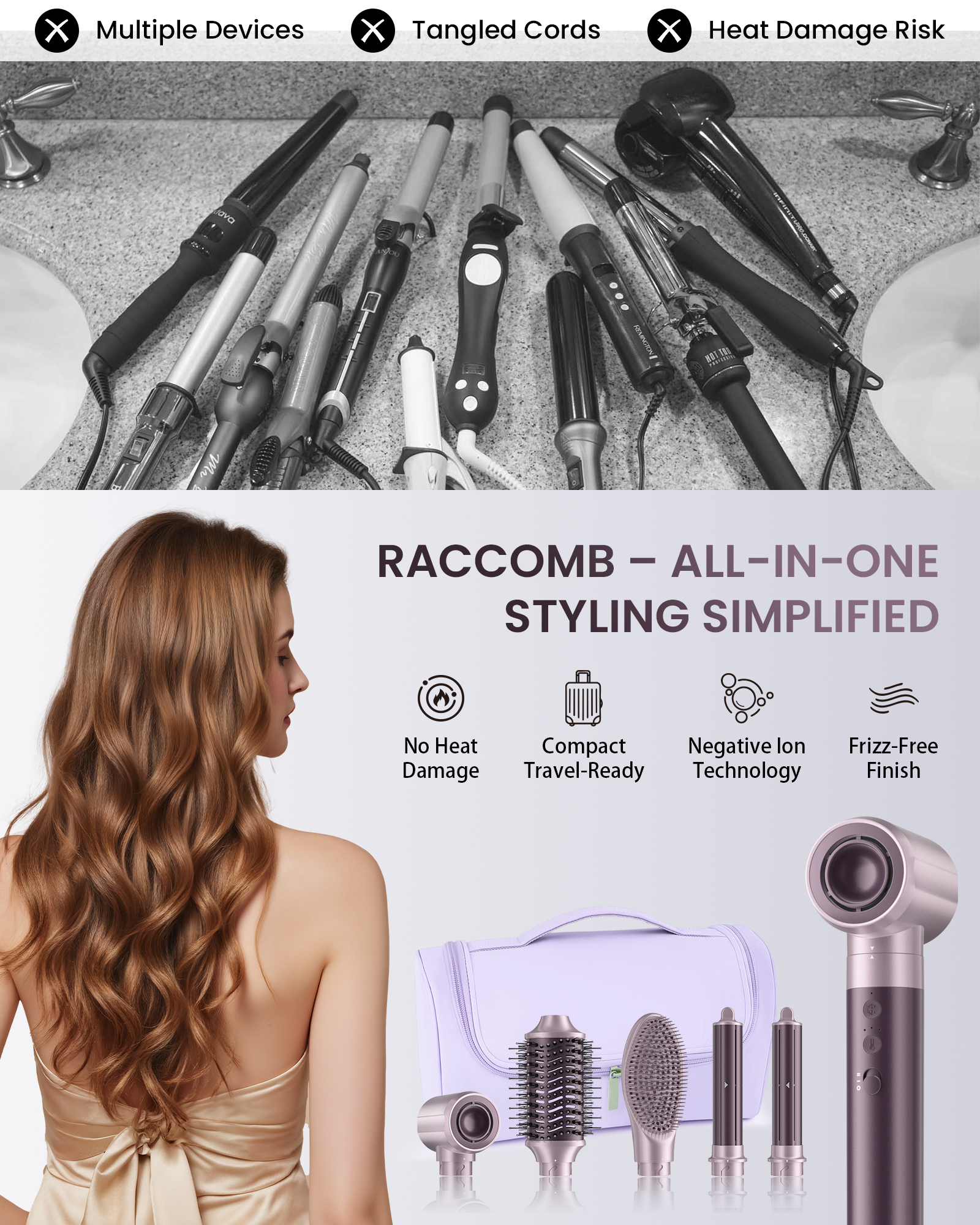 5 in 1 Hot Air Styler, Dual Voltage Hair Dryer Brush for Travel, Ionic Anti-Frizz Hair Styling Tool for Curling, Straightening, Volumizing, No Heat Damage, for All Hair Types, with Travel Bag
