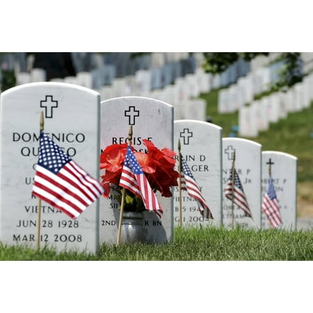 Monument Headstone - May 30 2011 - American flags placed in the front of headstones at Arlington National Cemetery on Memorial Day Poster Print
