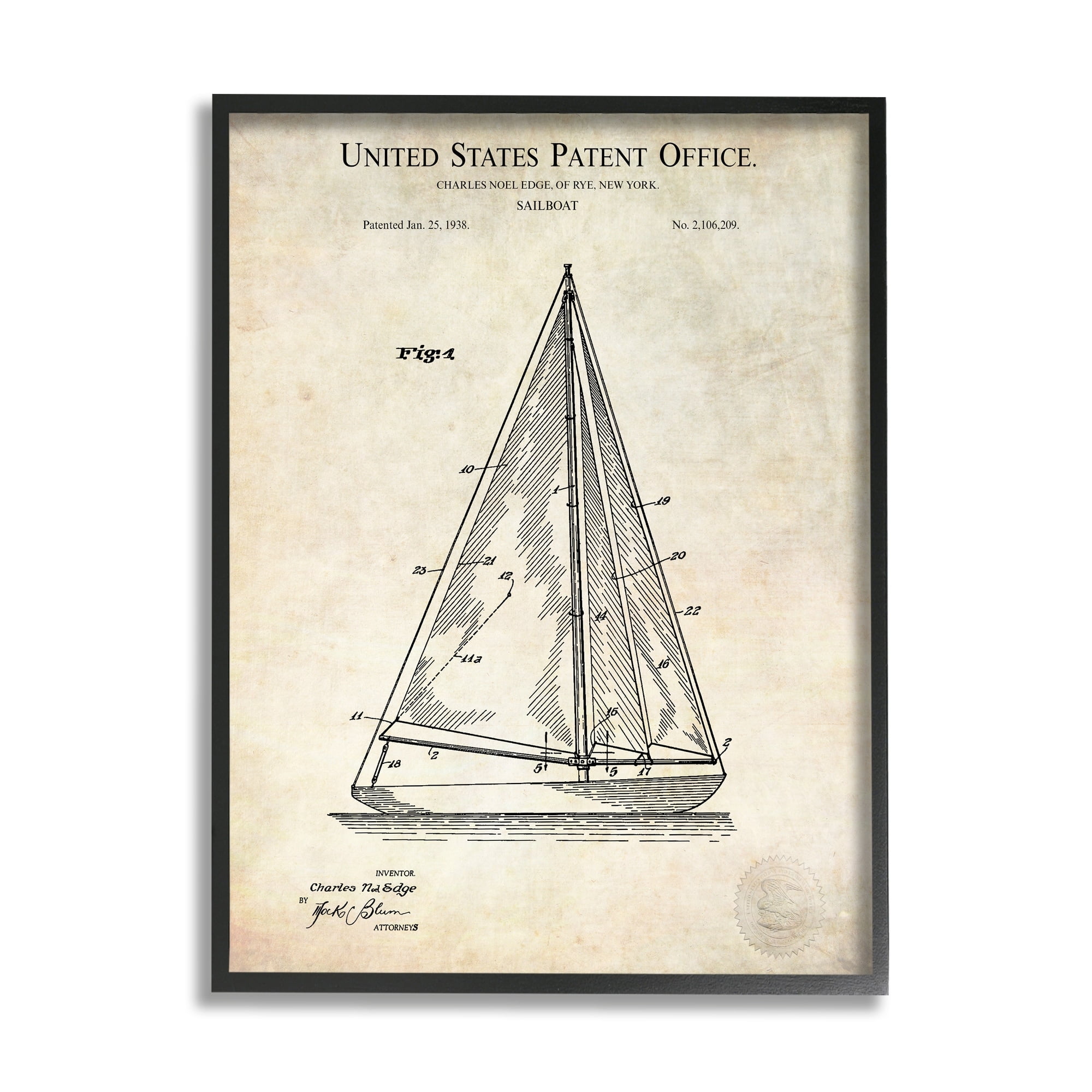 Stupell Industries Vintage Sailboat Watercraft Diagram Patent Text Blueprint Framed Wall Art, 24 x 30, Design by Karl Hronek