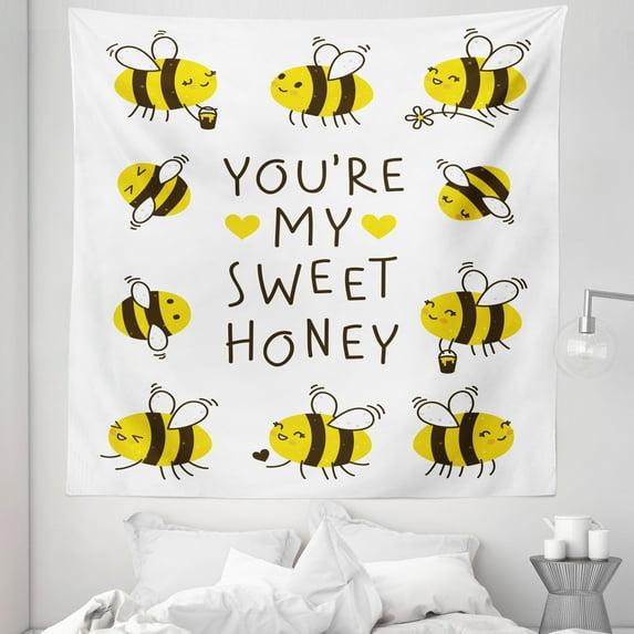Cartoon Tapestry, You're My Honey Typography with Happy Bees and Hearts, Fabric Wall Hanging Decor for Bedroom Living Room Dorm, 5 Sizes, Yellow Dark Brown, by Ambesonne