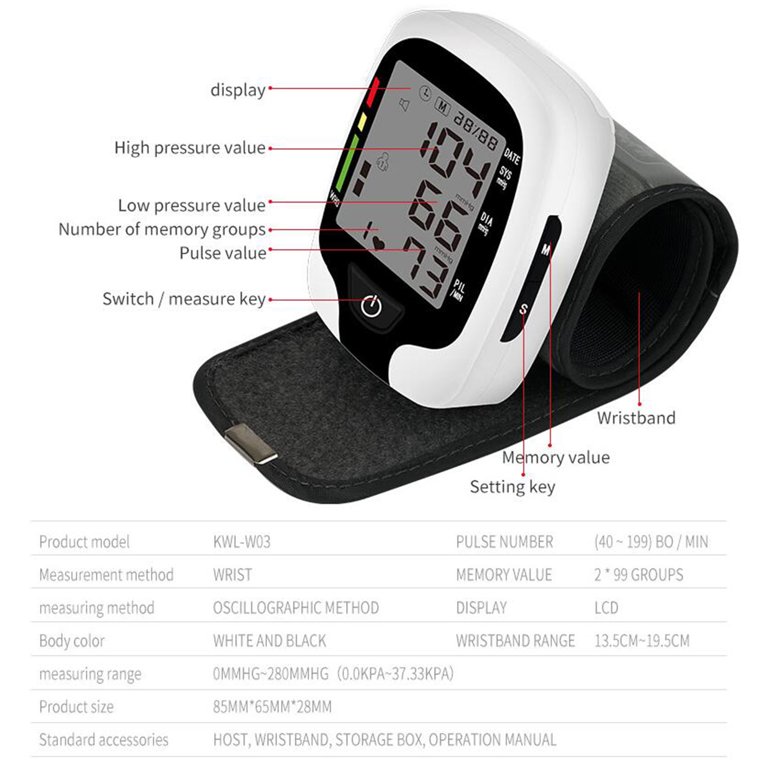 Shileyi Wireless Blood Pressure Monitor Automatic LCD Wrist Blood Pressure  Cuff for Home Use(White)