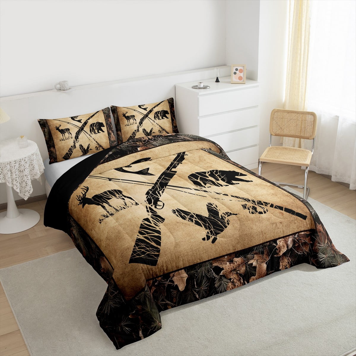 Hunting And Fishing Comforter Set Queen Tree Branch Camo Bedding Set Teen Men,Woodland Wildlife Bass Fish Duck Bear Deer Bed Comforter Set Rustic Farmhouse Cabin Quilt Set