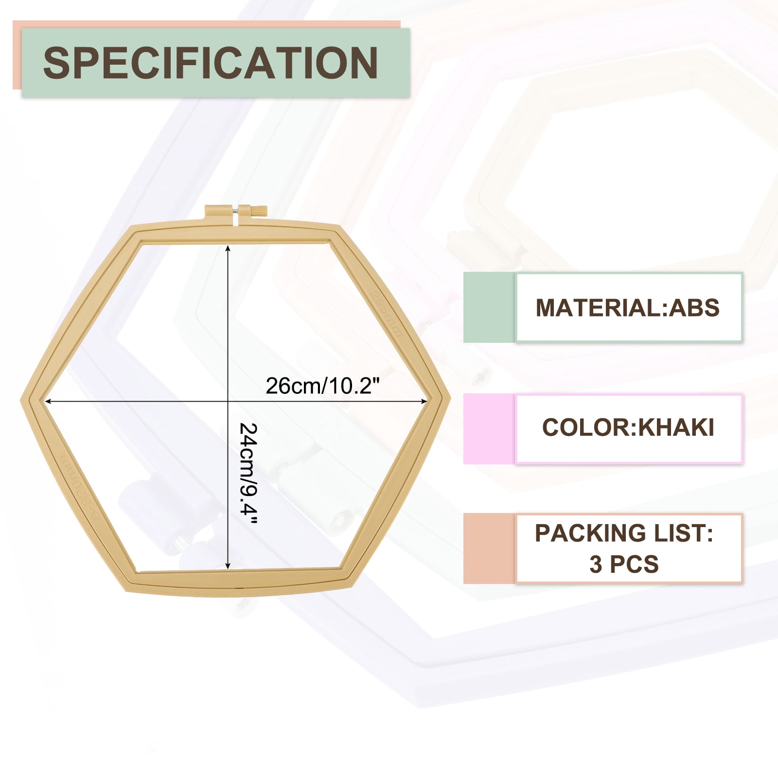 Uxcell 3 Pieces 10.2" x 9.4" Hexagonal Embroidery Hoops, ABS Adjustable Cross Stitch Hoops, Khaki
