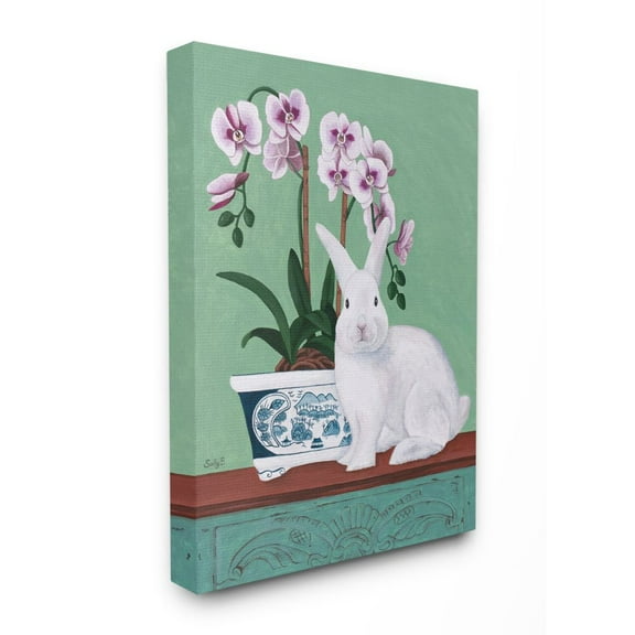 Stupell Home Décor Rabbit and Flowers Pink Green Animal Painting Canvas Wall Art by Sally B