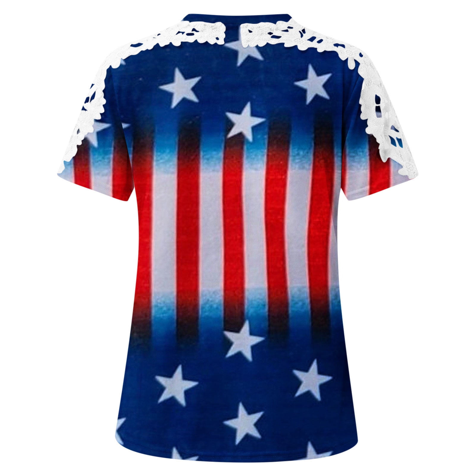 Tee-shirt Dentelle Patriotique Femme - Manches 3/4, Col En V - Motif Drapeau Américain Et Rayures - Coton Stretch - Style Décontracté