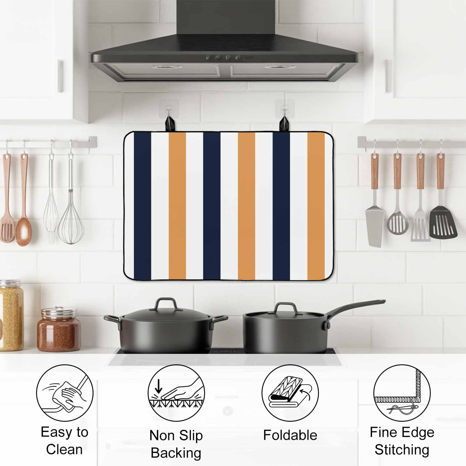 Burnt Orange Navy Blue Striped Stove Top Cover for Electric Stove, Heat-proof & Non Slip Glass Top Stove Cover Protector, Farmhouse Stripe Art Kitchen Flat Cooktop Rubber Mat 31x24 Inches