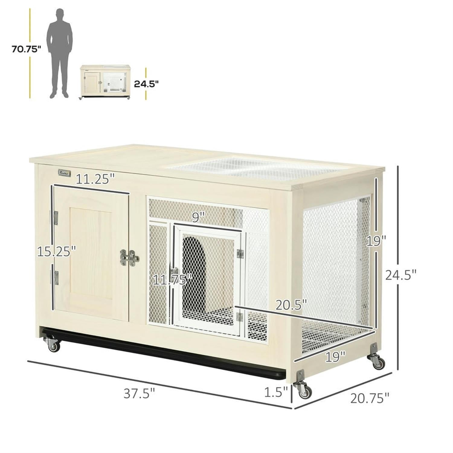Kadyn 37" Indoor Wooden Rabbit Hutch with Openable Roof, Removable Tray and Wheels, Outdoor Bunny Cage for Bunnies, Guinea Pigs, Beige