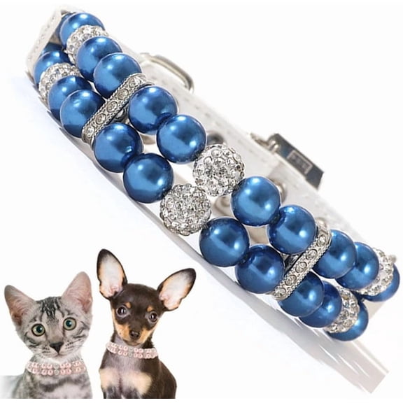 Blue Puppy Pearl Collar, Fancy Crystal Bling Pearl Cat Collar Rhinestone Luxury Beaded Dog Necklace Diamond Girl Cat Jewelry for XXS XS Small Medium Female Pet Dogs, XXSmall