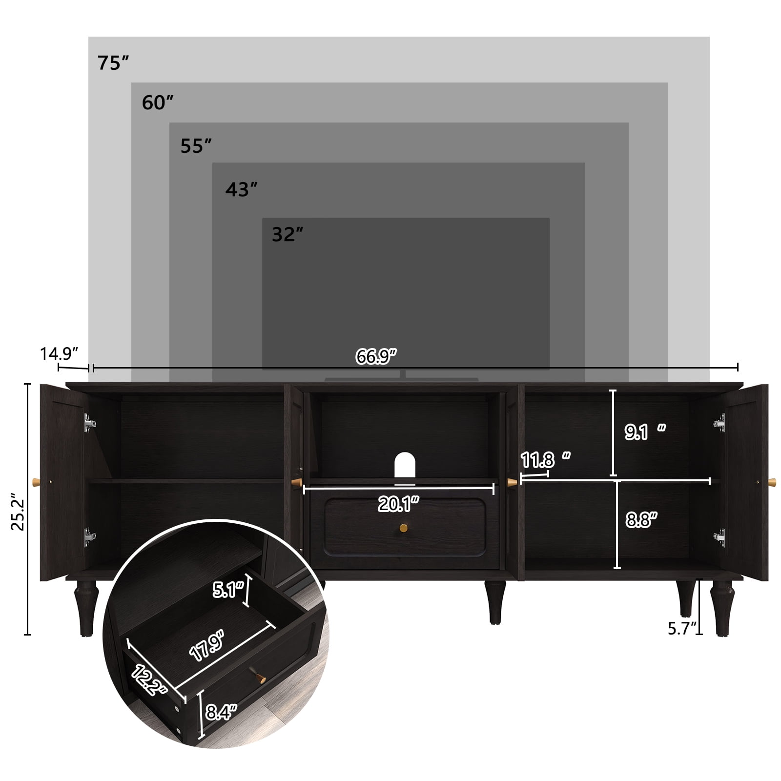67" Mid-Century TV Stand for TVs up to 75 " , Retro Entertainment Center with Storage Cabinets and Drawers,Black