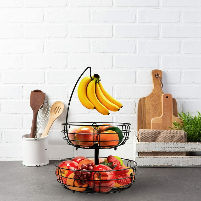 Auledio Houseware 2-Tier Metal Fruit Basket with Detachable Banana Hanger  for Kitchen Counter, Black 