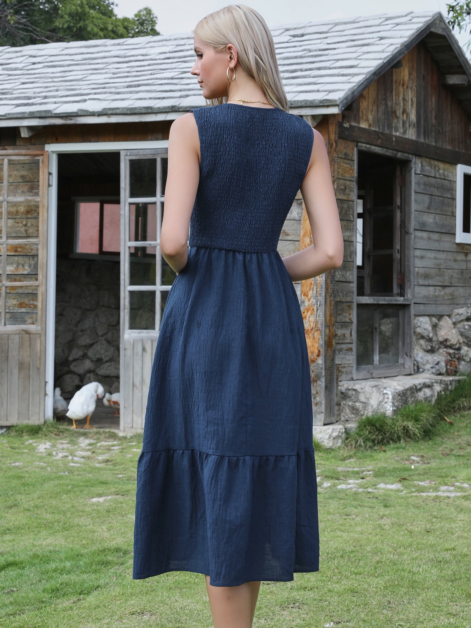 DARING DIVA Women's V Neck Bow Tie Smocked A Line Tiered Sleeveless Midi Dresses M Blue