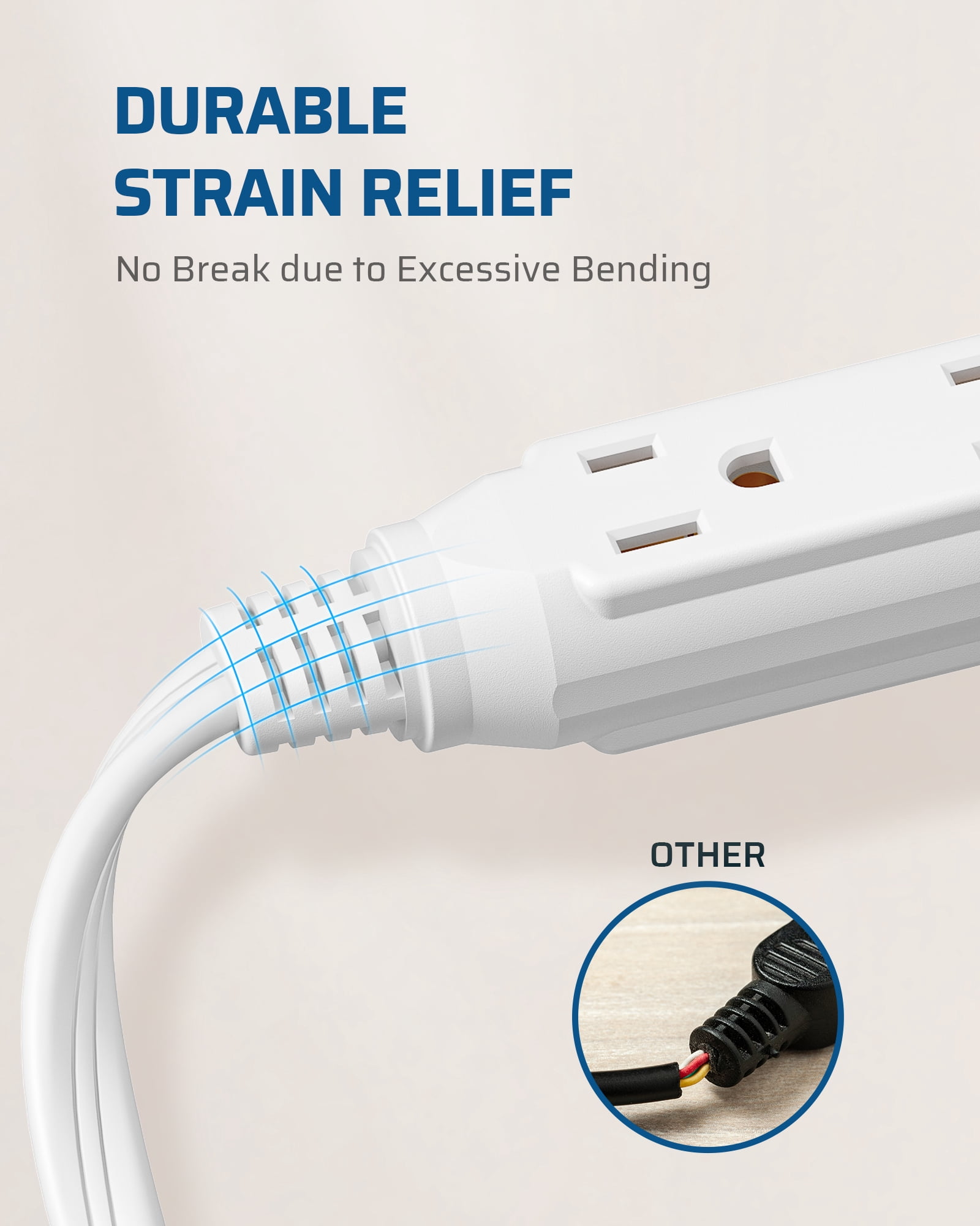 DEWENWILS 3 Outlet Extension Cord with Flat Plug, 20 FT 16/3 Awg Grounded Power Cable for Indoor Use, SPT-3 Cord, White, ETL Listed, 2 Pack