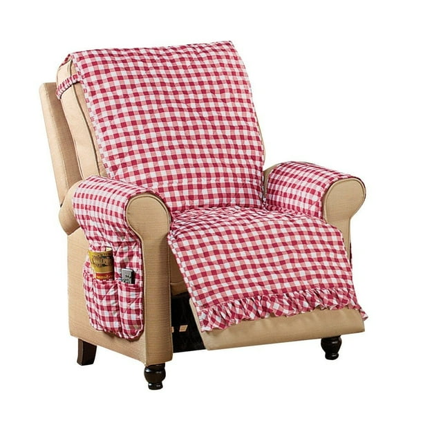 Ruffled Check Furniture Protector Cover Red Recliner, Red, Recliner