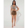 thumbnail image 5 of Coffee Brown High-Waisted Bodycon Denim Mini Skirt With Front Pocket, 5 of 27