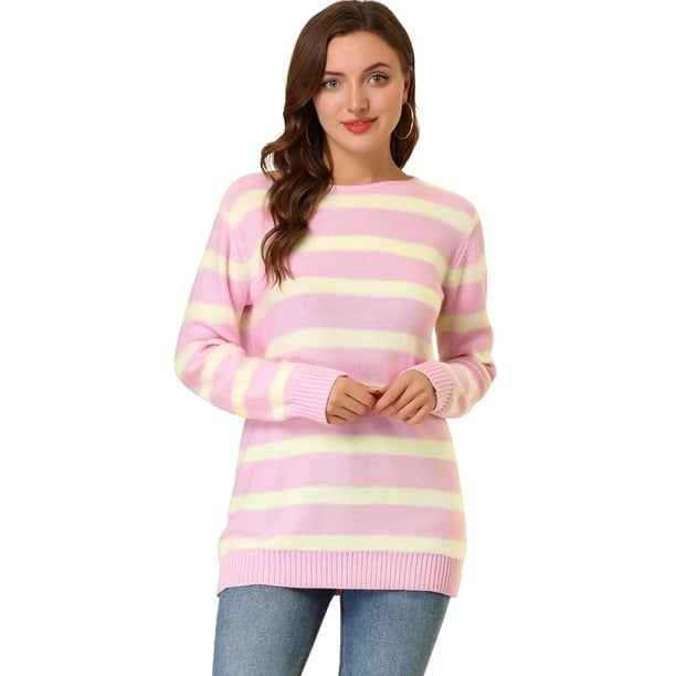 INSPIRE CHIC Suéter de rayas túnica con hombros descubiertos y cuello redondo para mujer Rosa S