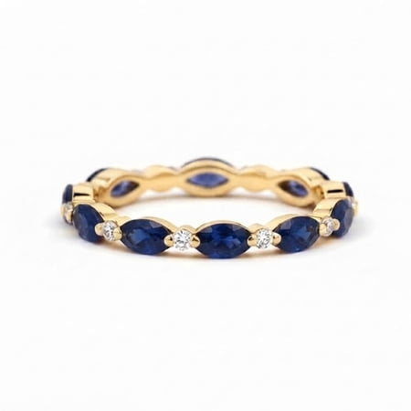 Marquise Blue Sapphire & Diamond Full Eternity Ring, 925 Sterling Silver Yellow Gold Plated Promise Band Ring, September Birthday Gift Jewelry for Her