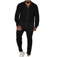thumbnail image 3 of BiZtdJrK Linen Sets for Men 2 Piece Button Down Long Sleeve Shirts Matching Drawstring Waist Beach Pants Summer Vacation Outfits Black XXL, 3 of 9