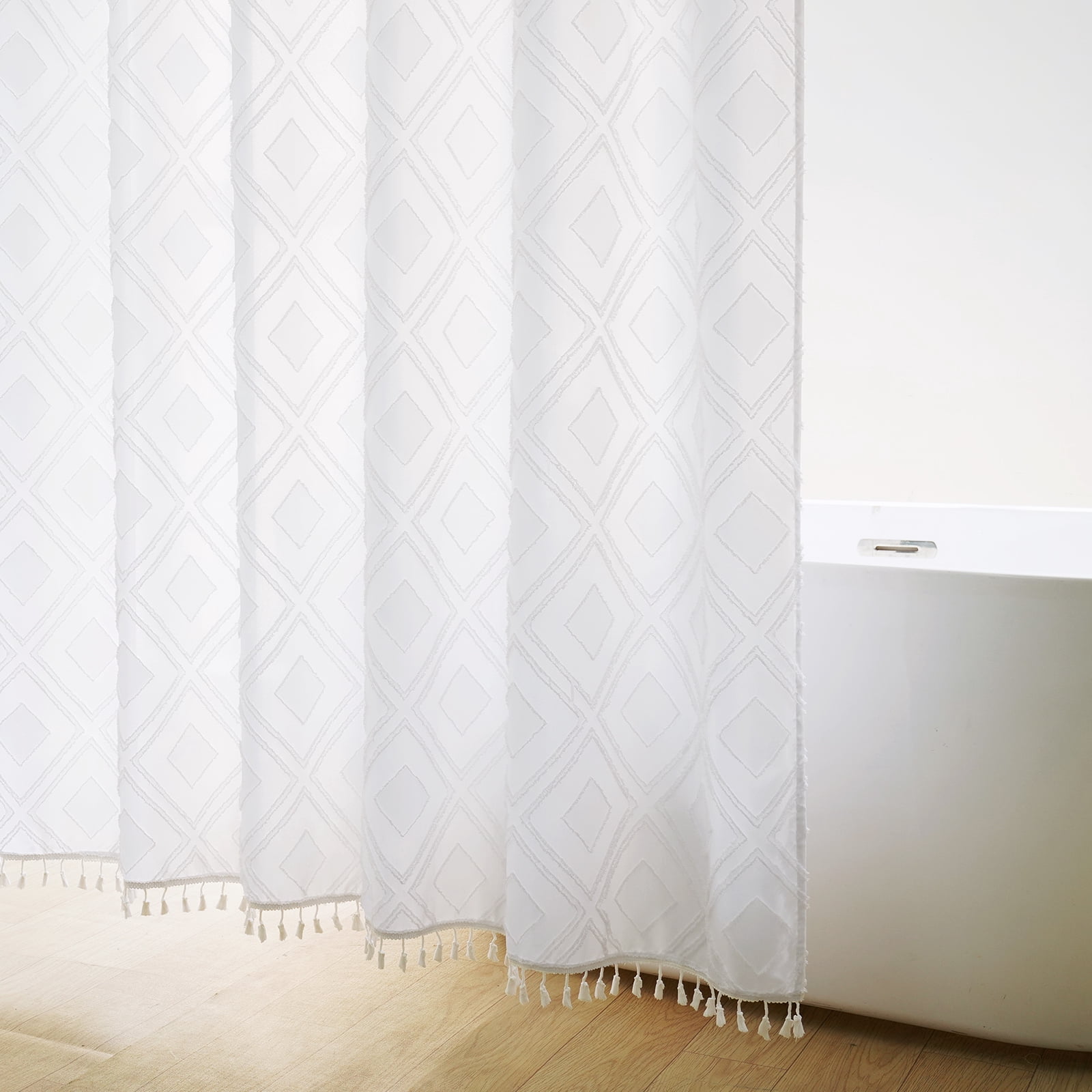 Inosoo White Boho Fabric Shower Curtain with Tassels, 72"x 72" Soft Tufted Chevron Striped Shower Curtain for Bathroom, Water-repellent