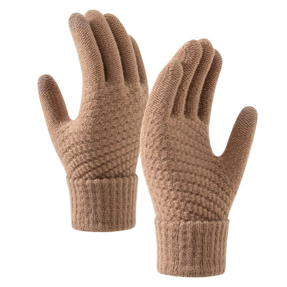 UJNDER Winter Knitted Gloves for Women Thickened Warm Screen Riding Mittens Classic Khaki