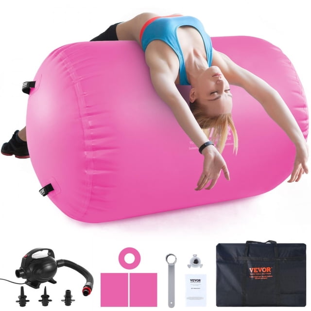 Air Mat Tumble Track Air Spot, Round Inflatable Air Roller, Air Barrel Gymnastic Equipment with Electric Pump, Tumbling Backbend Trainer for Home Use/Gym/Yoga/Cheerleading/Beach/Park/Water, Pink
