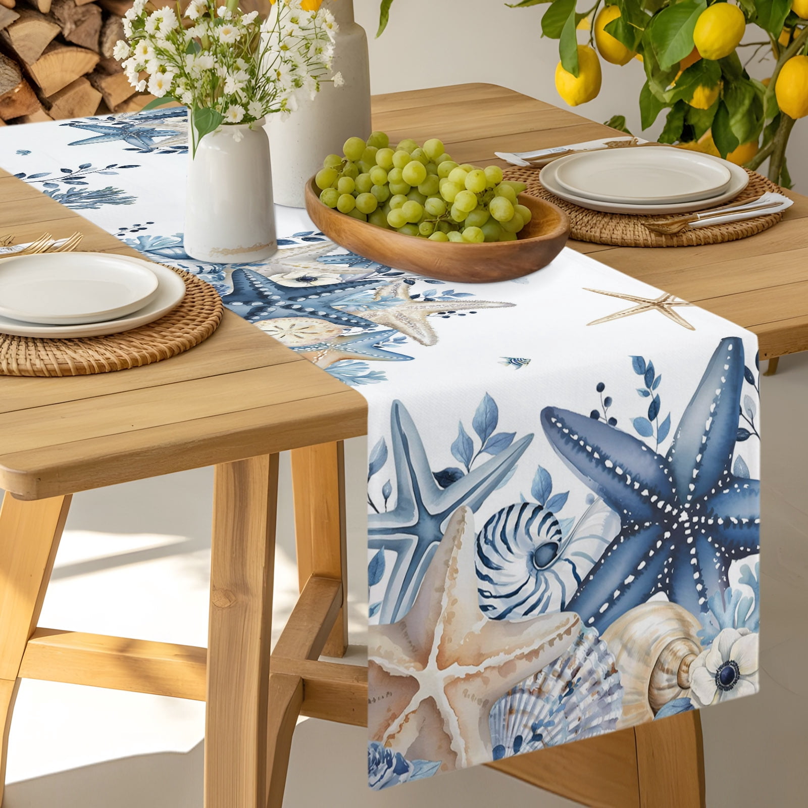 Coastal Table Runner, Ocean Blue Beige Starfish Shells Eucalyptus Leaves Cotton Linen Table Cloth, Tablerunner for Kitchen Dining Party Wedding Home Decor 13x90 Inch