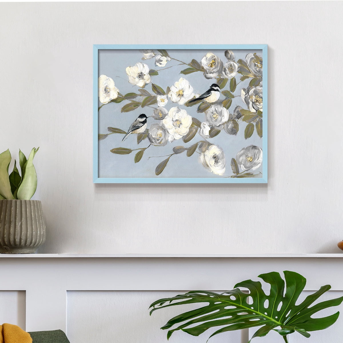 Chickadees and Blossoms I by Sally Swatland - Restickable Framed Giclée Print