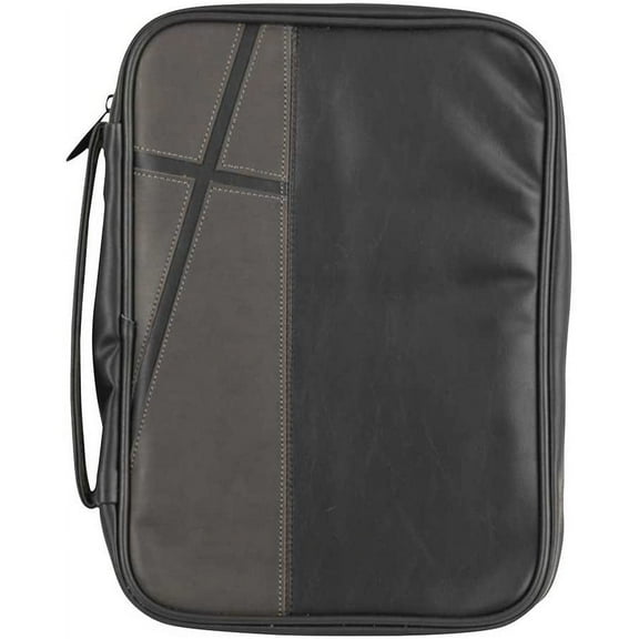 Black and Gray Faithful Leather Look Bible Cover Case with Handle, Large Print