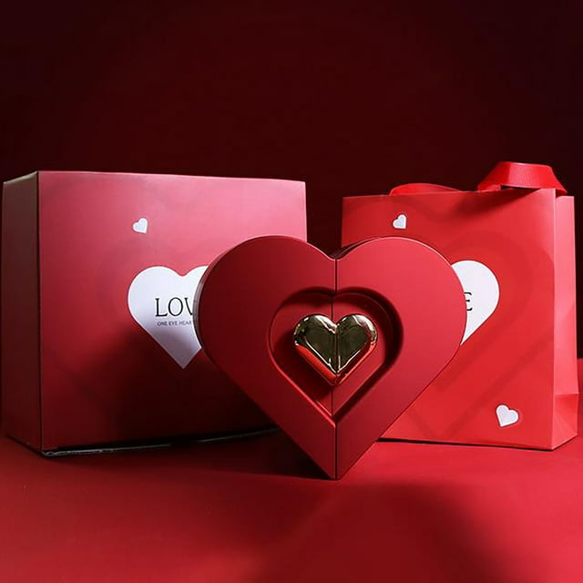 Caja de regalo para San Valentín | Joyero de doble apertura con collar, anillo y pendientes de corazón | Empaquetado romántico con rosas