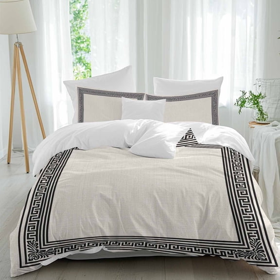 3 Piece Black Cream Greek Key Duvet Cover Set Full Size,Microfiber Comforter/Quilt Cover with Corner Ties and 2 Pillowcases,Geometric Greece Ancient Rustic All Season Soft Bedding with Zipper Closure
