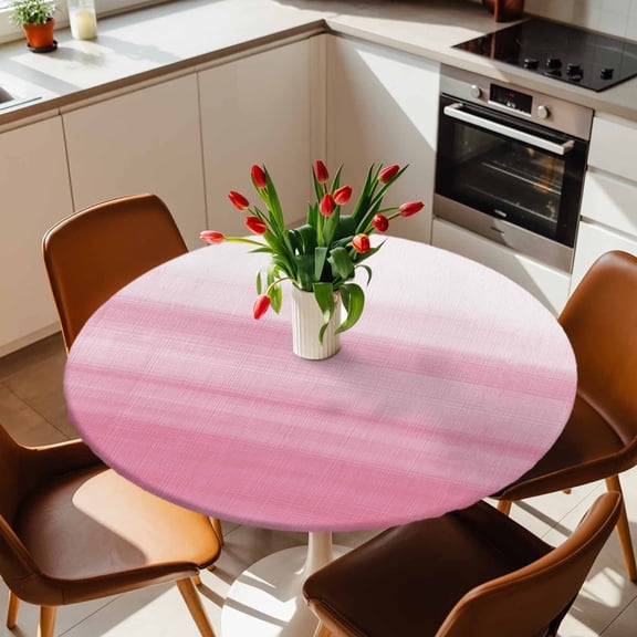 Farm Watercolor Pink White Color Ombre Round Fitted Tablecloth with Elastic Edge,Waterproof Table Cloth Fits Tables Up to 45"-54",Washable Table Cover for Indoor Outdoor,Modern Abstract Line