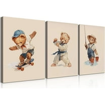 Nursery Room Bear Canvas Wall Art Vintage Boys Sports Wall Decor Karate Skateboard Fishing Poster Prints Cute Funny Animal Painting Pictures for Kids Bedroom Boys Room(Framed canvas)
