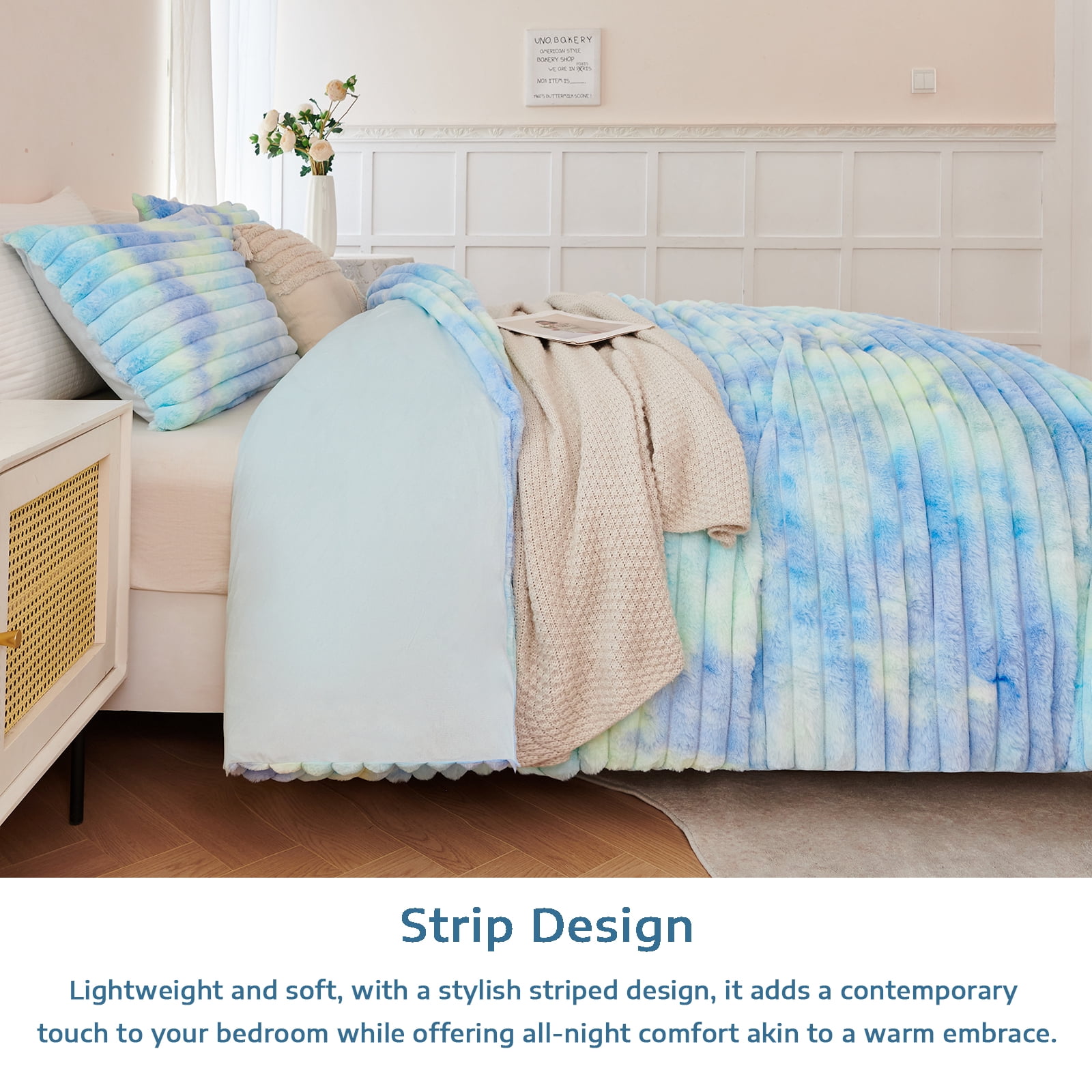 ZRNBAST Fluffy Queen Comforter Set, Tie-dye Blue Green Plush Fleece Bedding, Super Soft Faux Fur Bed Set, Soft Warm Comforter All Season with 2 Pillowcases(Blue Green,Queen)