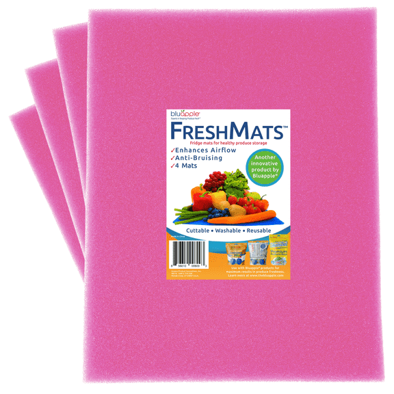 Bluapple FreshMats, Refrigerator Bin Liner, Fridge Drawer Mats, Crisper Life Extender Liner Keeps Produce Fresh Longer, Anti-Bruising, Helps Air Circulation, Washable & Reusable (4-Mats, 12x15, Pink)