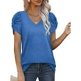 thumbnail image 5 of Hanerdun Women Solid Shirt Blouse Female V-Neck Short Sleeve Basic Tops Blue 2XL, 5 of 5