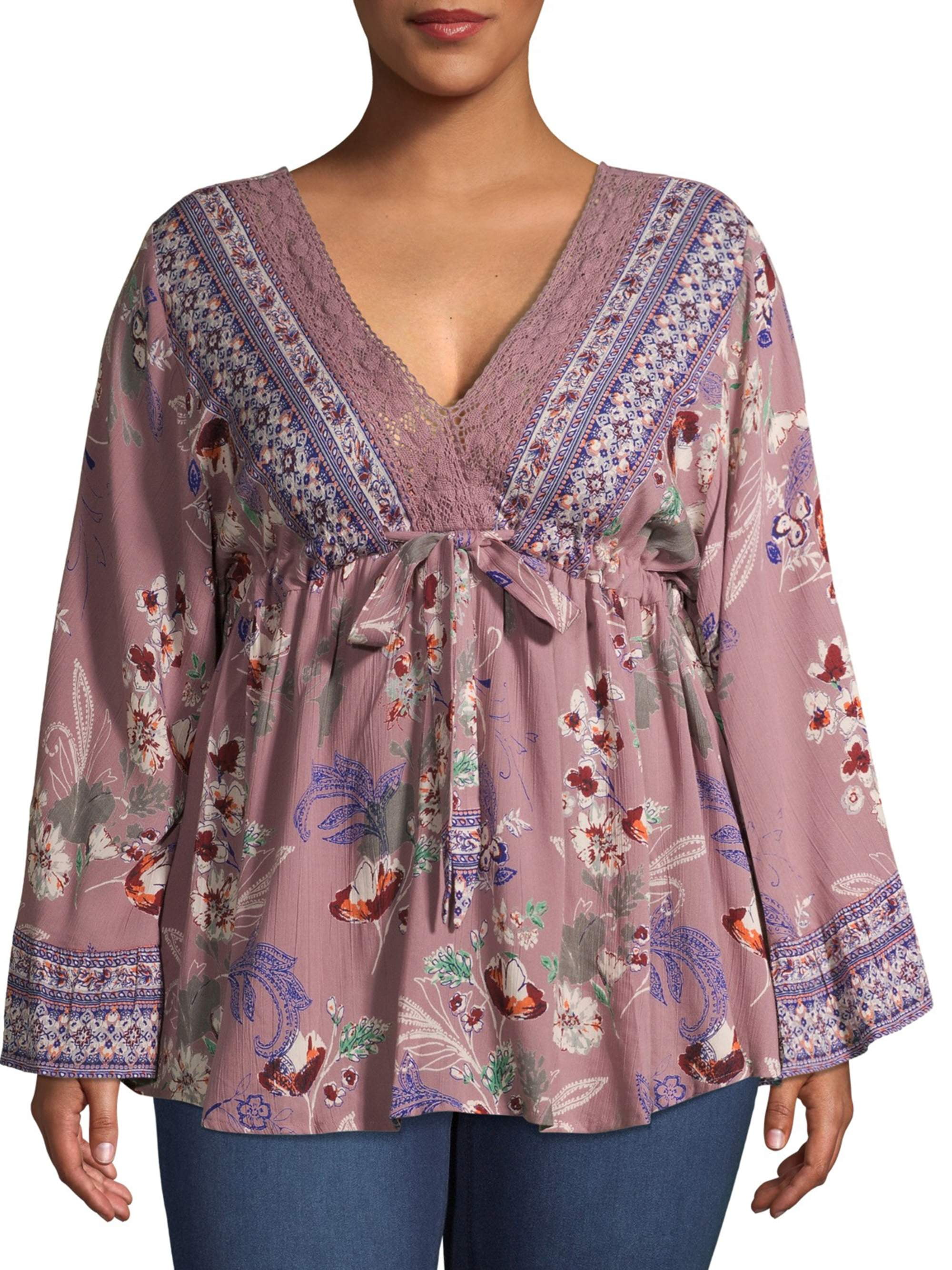 Romantic Gypsy Women's Plus Size Floral TieFront Long Sleeve Top