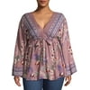 Romantic Gypsy Women's Plus Size Floral Tie-Front Long Sleeve Top