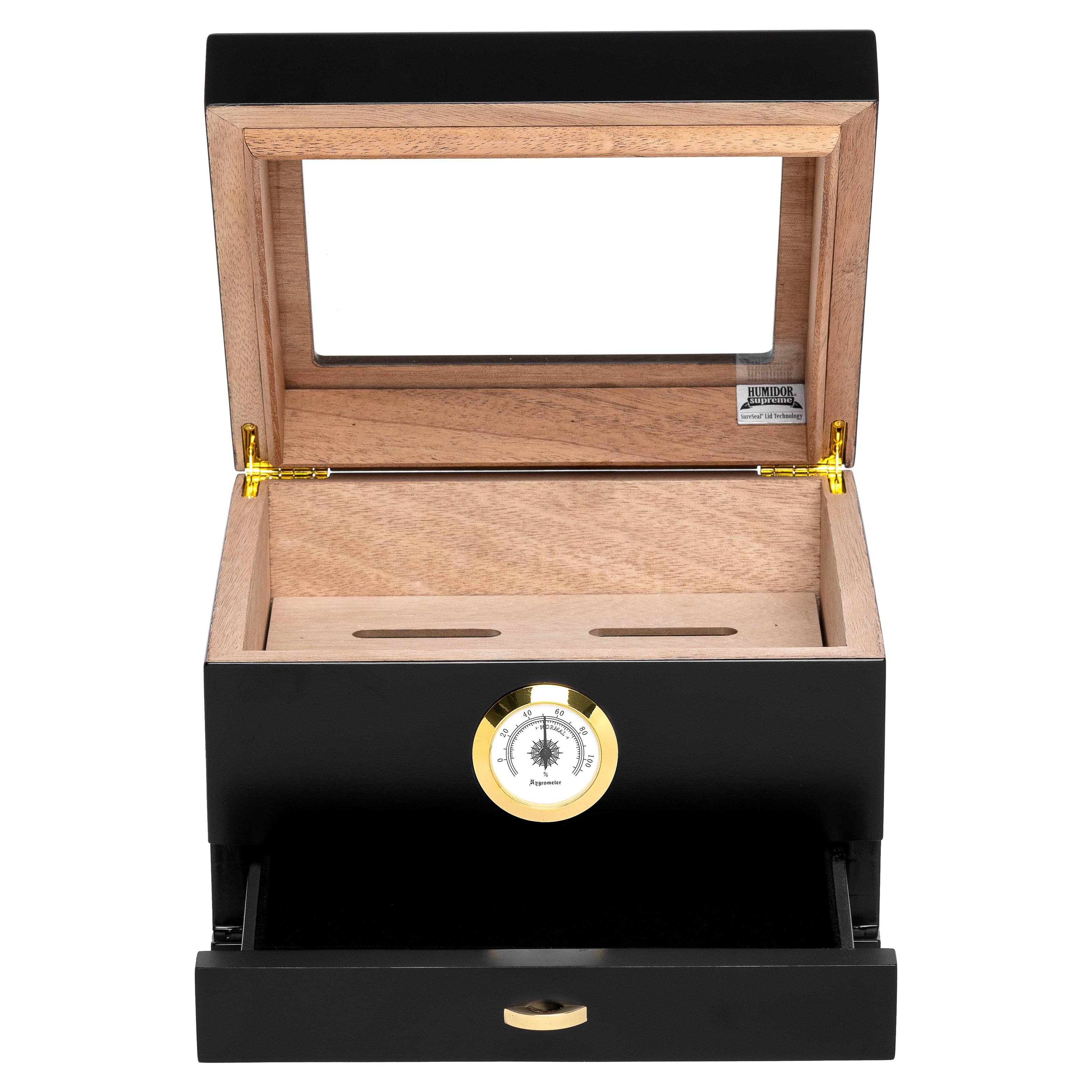 Humidor Supreme Mini Capri Glasstop with Drawer, Black, Hygrometer, 25-48 cigar