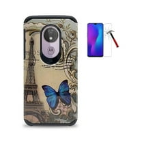 Compatible Case for Motorola Moto G7 Power/ Moto G7 Supra /Straight Talk Moto g7 Optimo Maxx, Dual Layer Shockproof Hard Cover Case with Tempered Glass (Tower-Blue Butterfly)