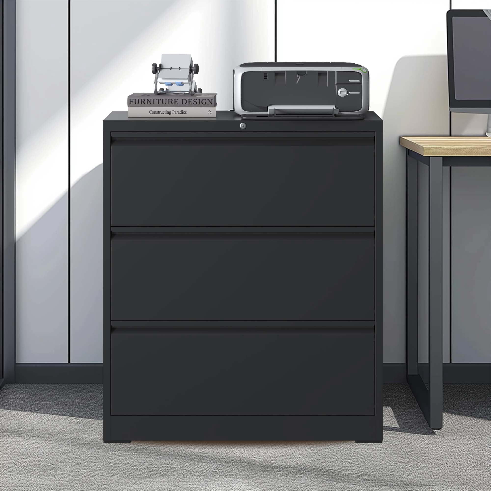 3 Drawer Lateral File Cabinet, 35.4 Inch Wide Metal Filing Cabinet, Locking Heavy Duty File Cabinet for Home Office, Anti-Tip Safety Interlock, Vertical Storage for Letter/Legal/A4 Files, Black