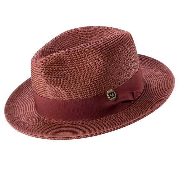 Men's Braided Wide Brim Pinch Fedora Matching Grosgrain Ribbon Hat in Burgundy H-42