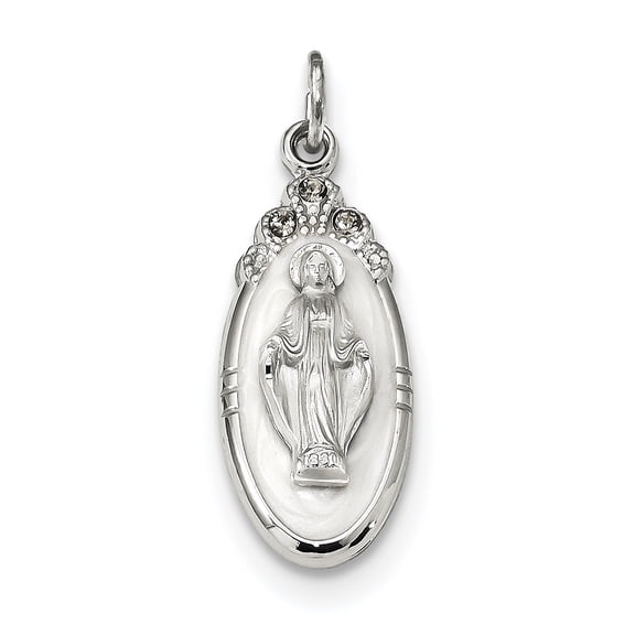 Sterling Silver White Epoxy & Crystal Miraculous Medal Pendant (30 X 10.5) Made In United States qc9114