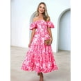thumbnail image 3 of Women'S Summer Casual Midi Dress Puffy Short Sleeve Square Neck Smocked Tiered Ruffle Dresses Pink Flowers S, 3 of 5