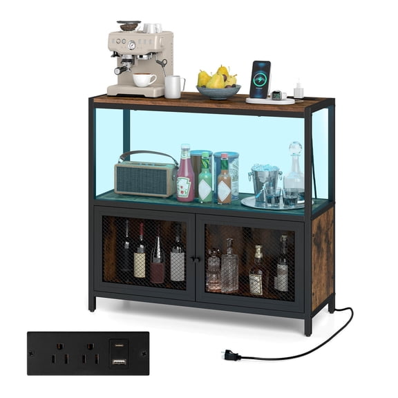 Costway Coffee Bar Cabinet with LED Lights, Industrial Buffet Sideboard with Charging Station